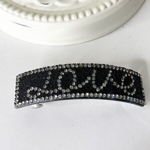 Vintage 90s Y2K Black Acrylic French Barrette Metal Clasp Rhinestone Love